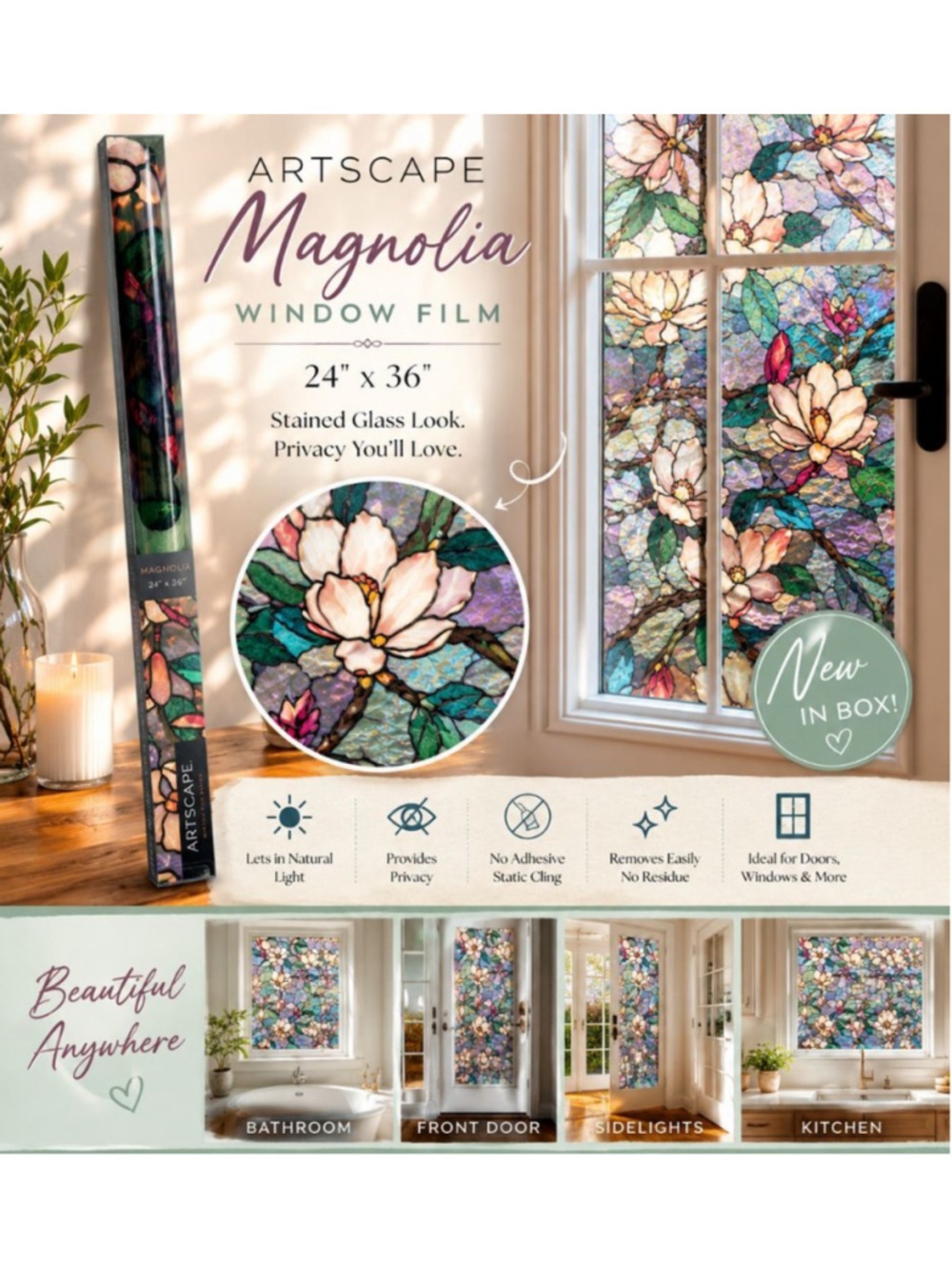 Artscape Magnolia Window Film 24x36 New in Box Privacy Window Cover